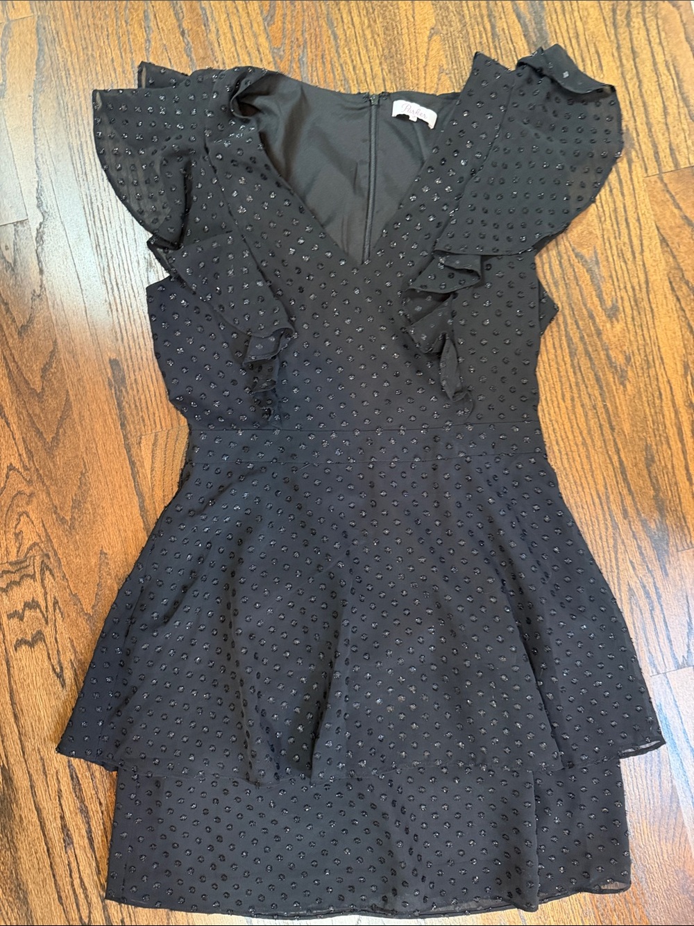 Parker Black Textured Ruffle Sleeve V‑Neck Dress